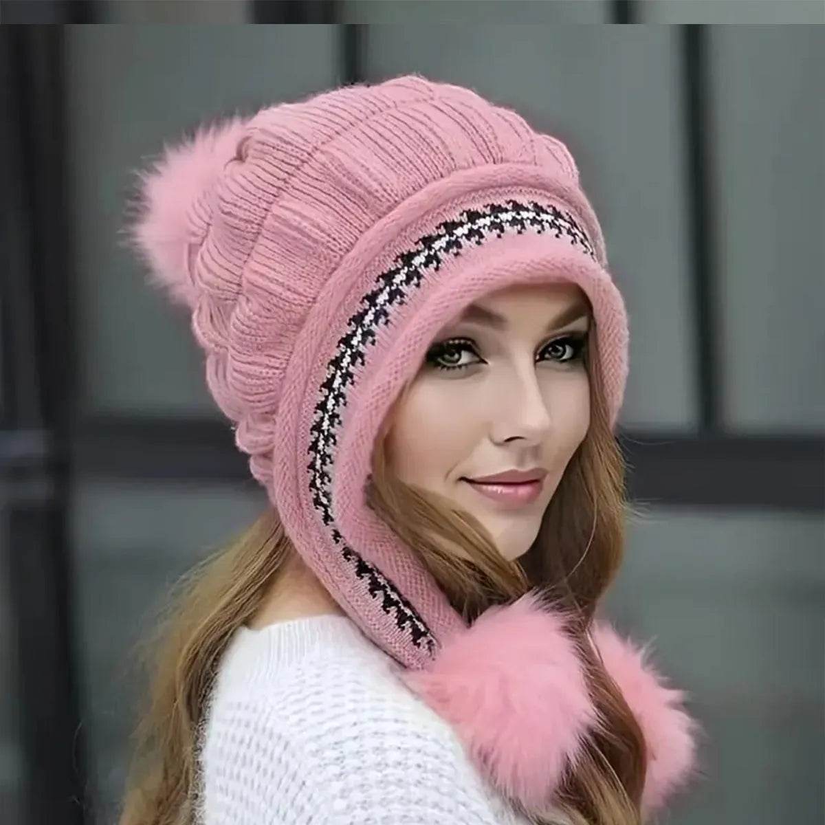 Women Cozy Knit Fleece-Feel Beanie With Ear Flaps Winter Hat Perfect For Skiing & Outdoor Activities