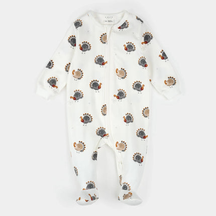 Footed Sleeper | Turkey Print on Off-White | Petit Lem