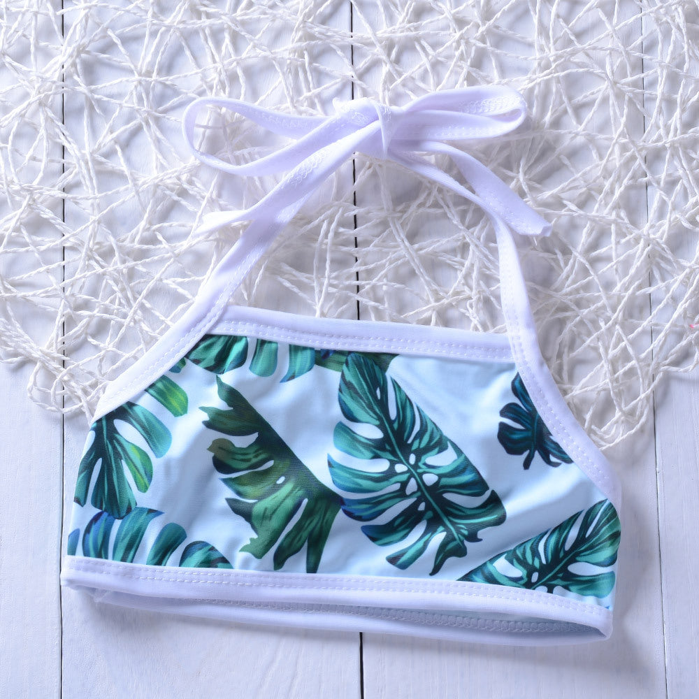 Baby Girls 2-Piece Split Swimsuit – Leaf Print Polyester Swimwear for Kids (80–120cm)