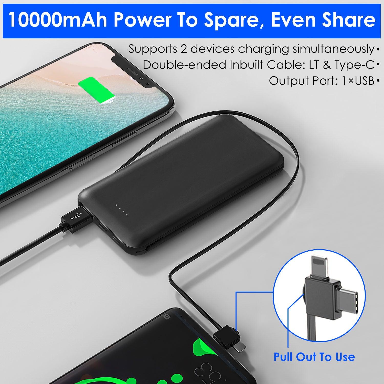 10000mAh Power Bank Portable Charger Built-In Lightning Type-C Cable 3 Devices iPhone Android