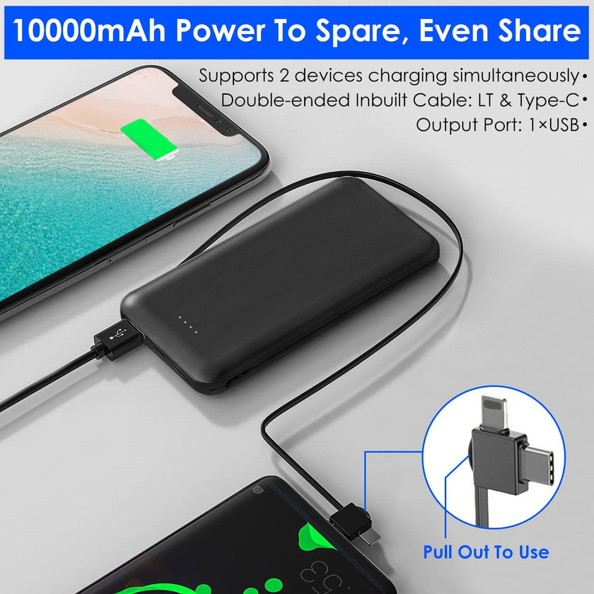 10000mAh Power Bank Portable Charger Built-In Lightning Type-C Cable 3 Devices iPhone Android