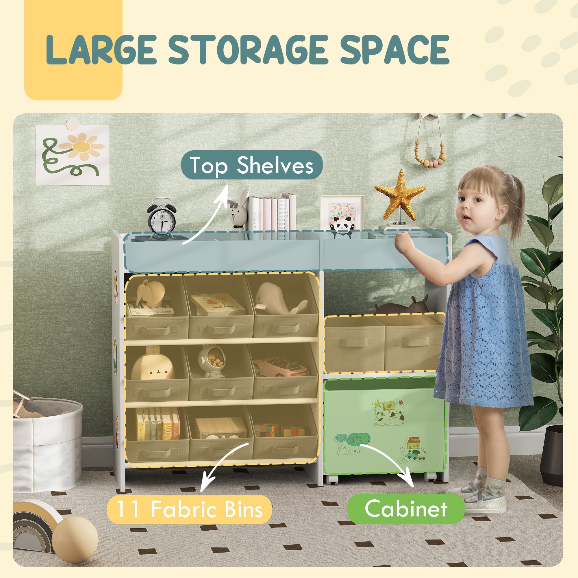 Qaba Kids Storage Unit, 11 Fabric Bins, MDF Cabinet, Top Shelves, 3 Stickers, ASTM Certified, Ages 3-8, White