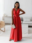 V-neck Sleeveless Dress With Belt Summer Fashion.