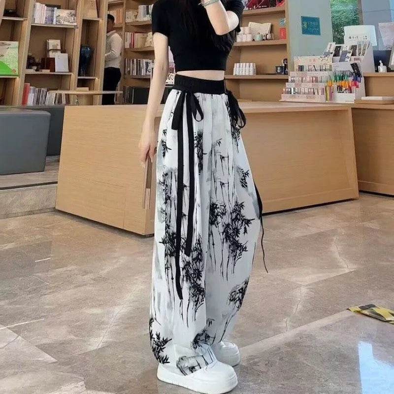 New Painting Ice Silk Wide-leg Baggy Trouser Pants Summer Women