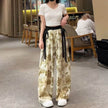 New Painting Ice Silk Wide-leg Baggy Trouser Pants Summer Women