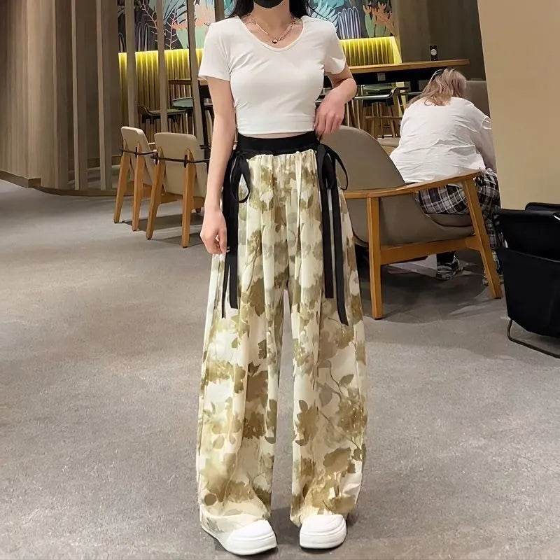 New Painting Ice Silk Wide-leg Baggy Trouser Pants Summer Women