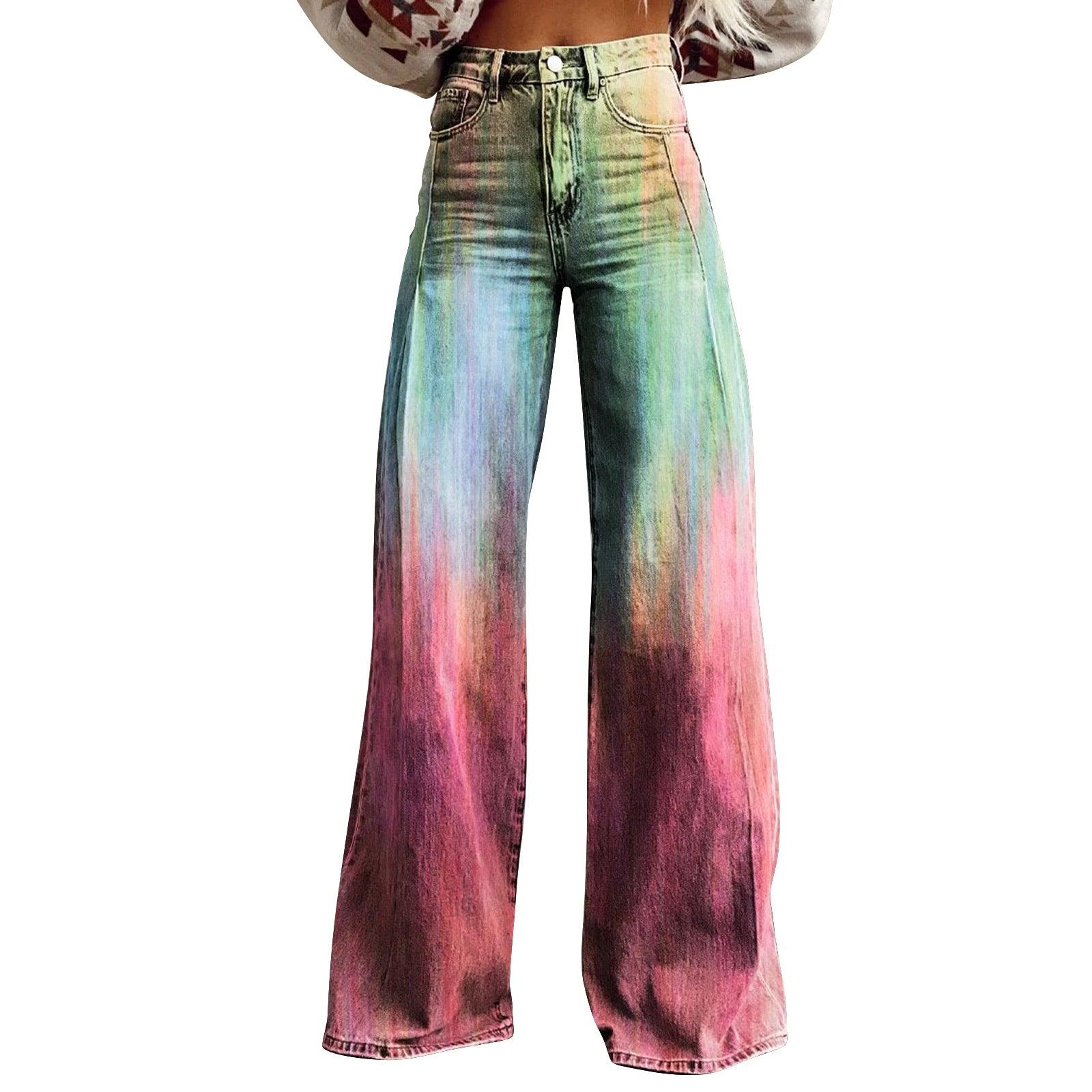 Women's 3D Printed Flared Denim Jeans – Graphic Print Wide Leg Jeans