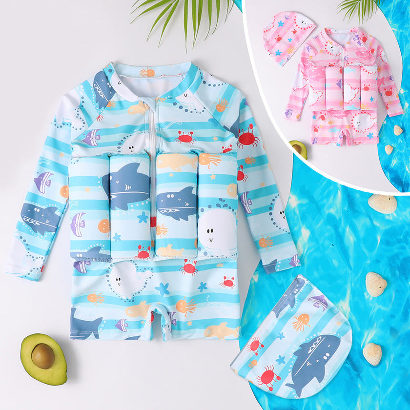 Kids One-Piece Buoyancy Swimsuit with Hat – Boys & Girls Long Sleeve UV Protection Swimwear
