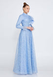 Modest Lace Full Sleeve Ruffle Neck Long Dress - Baby Blue
