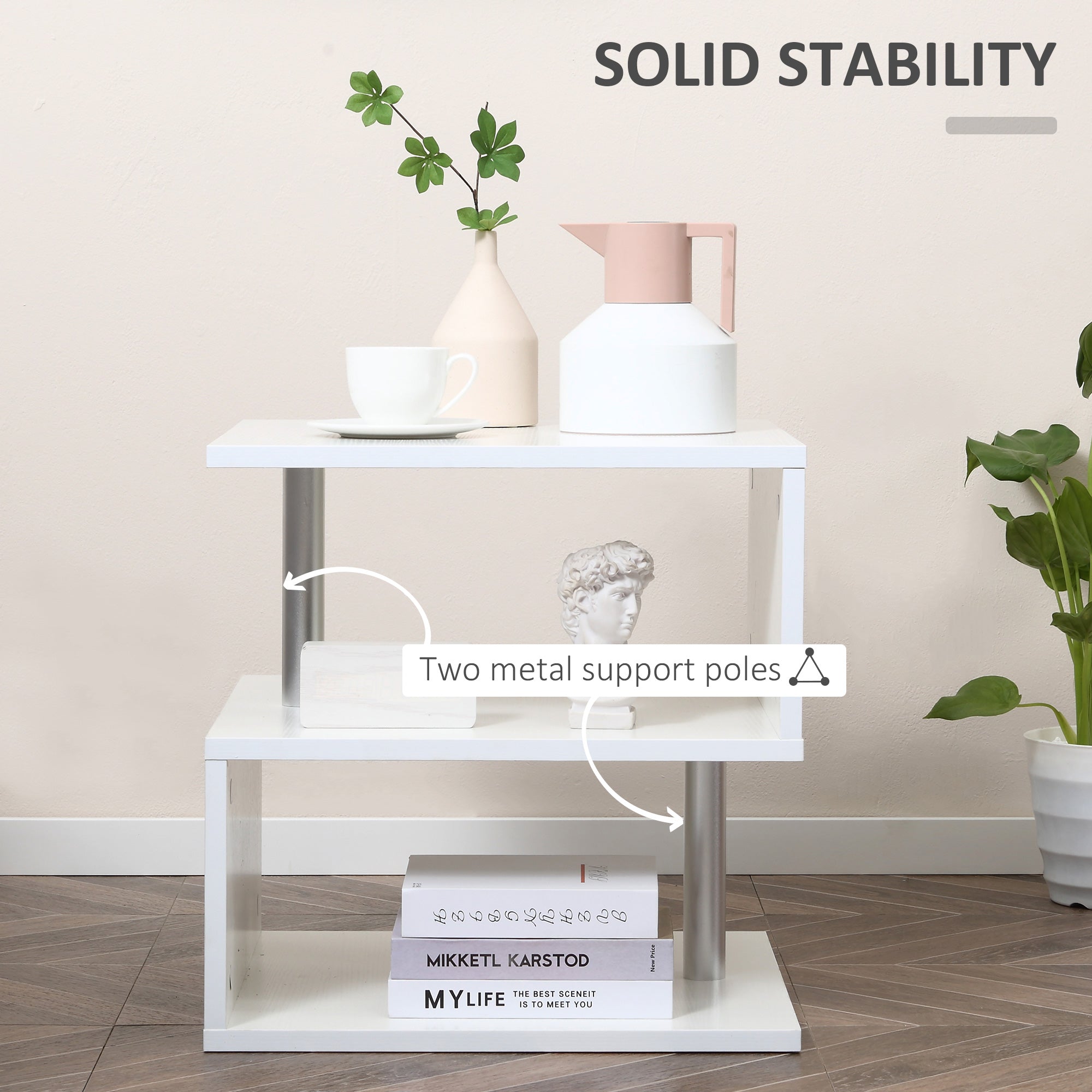 Caelan Wooden S Shape End Table with 3 Tier Storage Shelves-White