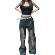Retro Washed Ripped Baggy Jeans Pant For Women Summer Hollow Out