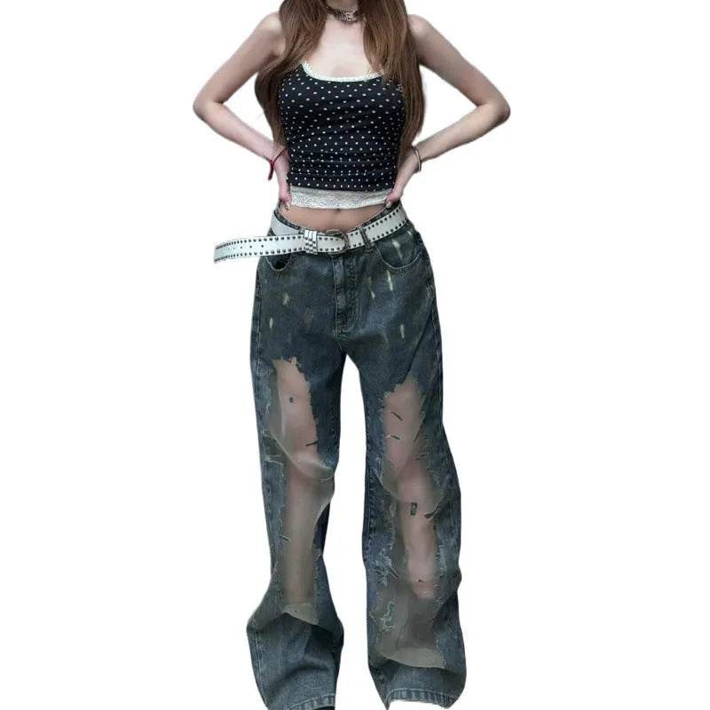 Retro Washed Ripped Baggy Jeans Pant For Women Summer Hollow Out