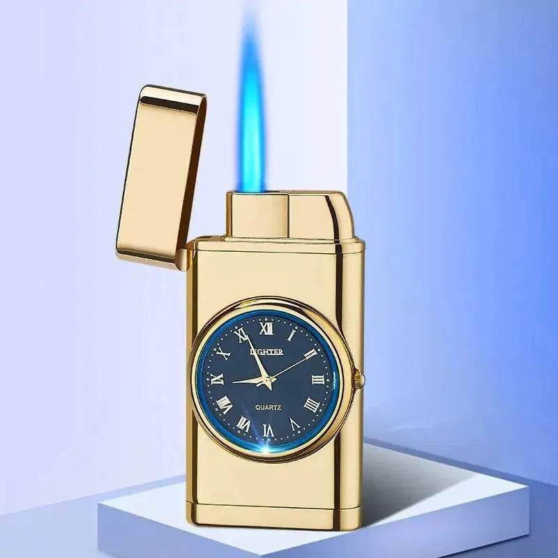 New Lighter With Electric Watch Rocker Arm Automatic Ignition Straight Blue Flame Lighter Creative Real Dial Inflatable Windproof Cigar Lighter Men's Watch Gift