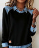 Denim Collar Long Sleeve Patchwork Knit Pullover Top – 16 Colours, S–XXXL