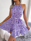Spring Summer European And American Mini Tie belt summer Sundress Floral Halter neck dress