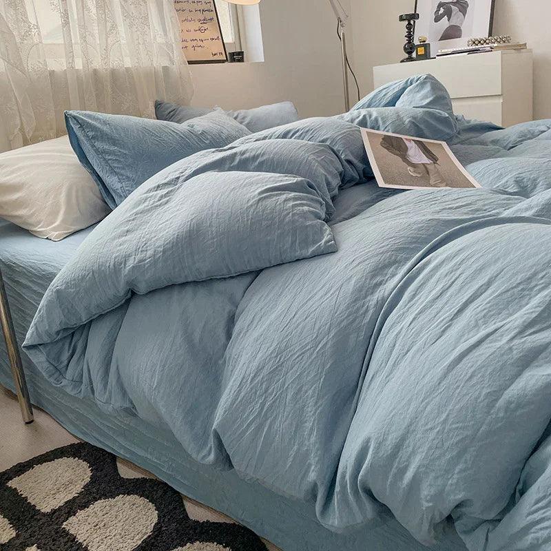 Solid Colour Sanding Washed Cotton 4-Piece Duvet Cover Bed Set