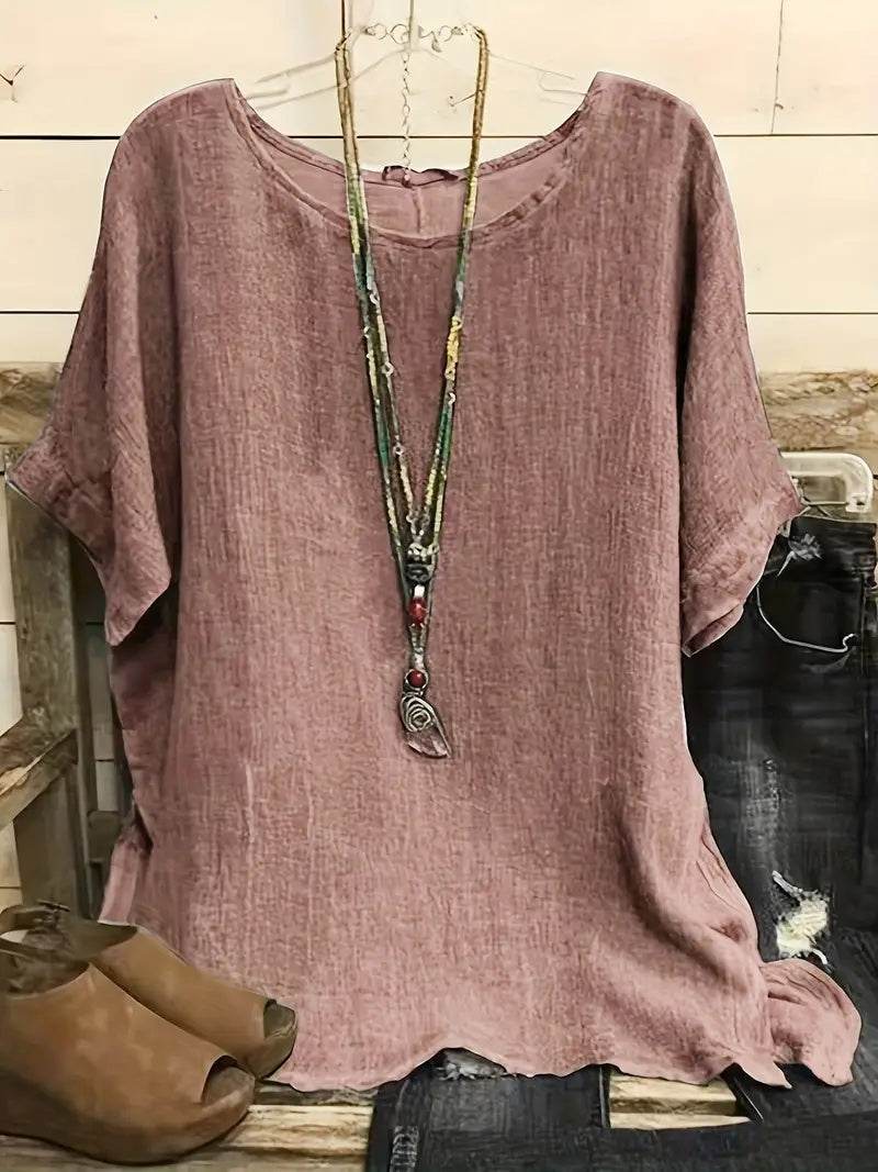 Women's 3/4 Sleeve Linen Blouse – Loose Round Neck Casual Top (S–3XL, 5 Colors)