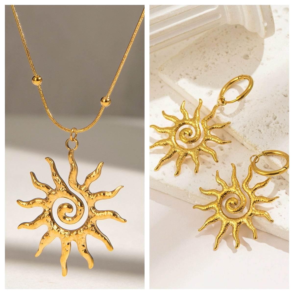 Stainless Steel Necklace - Hammered Spiral Sun Pendant Necklace