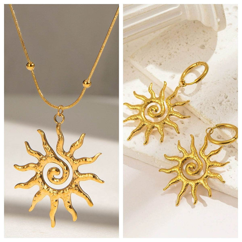 Stainless Steel Necklace - Hammered Spiral Sun Pendant Necklace