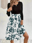 Floral Print Long Sleeve Skirt - Round Neck Flared Dress