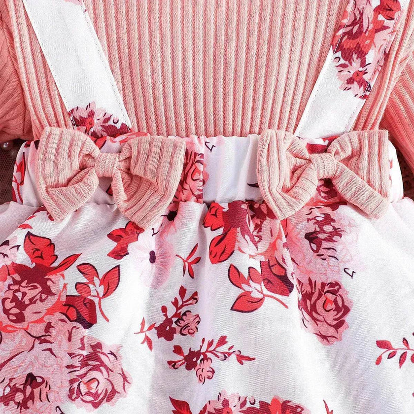 Latest Popular Sweet Long Sleeve pink Romper White Floral Suspender Skirt two piece for baby girls