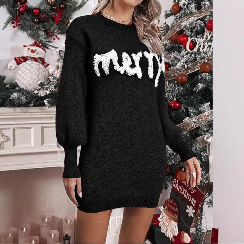 Women's Knitted Round Neck Lantern Sleeve Pullover Sheath Christmas sweater Dress