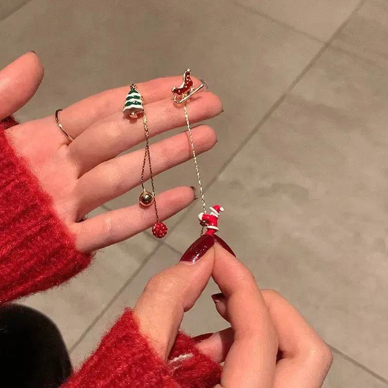 Ins Fashion Xmas Earrings Moving Santa Claus Long Tassel Earrings For Women Christmas Tree Snowflake Asymmetric Drop Earring