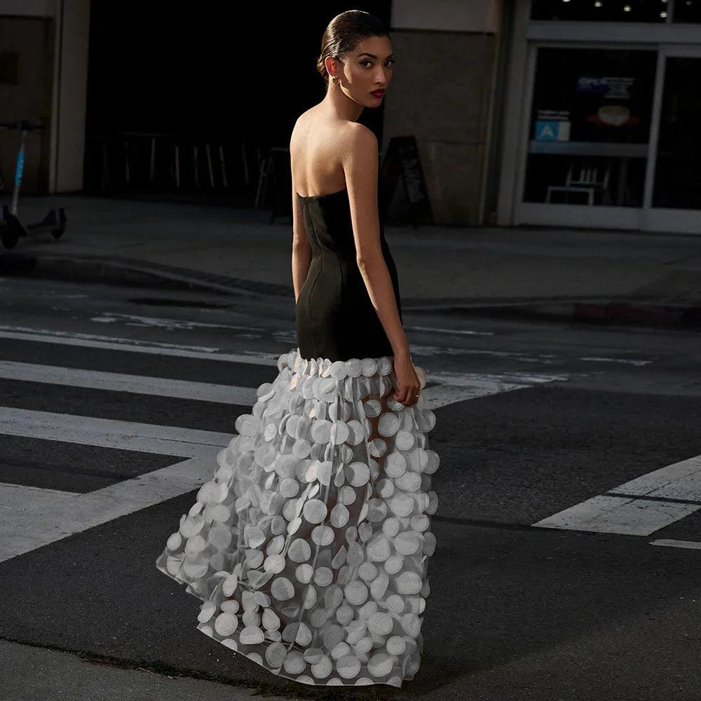 Black And White Tube Top Three-dimensional Flower Pettiskirt Dinner Dress