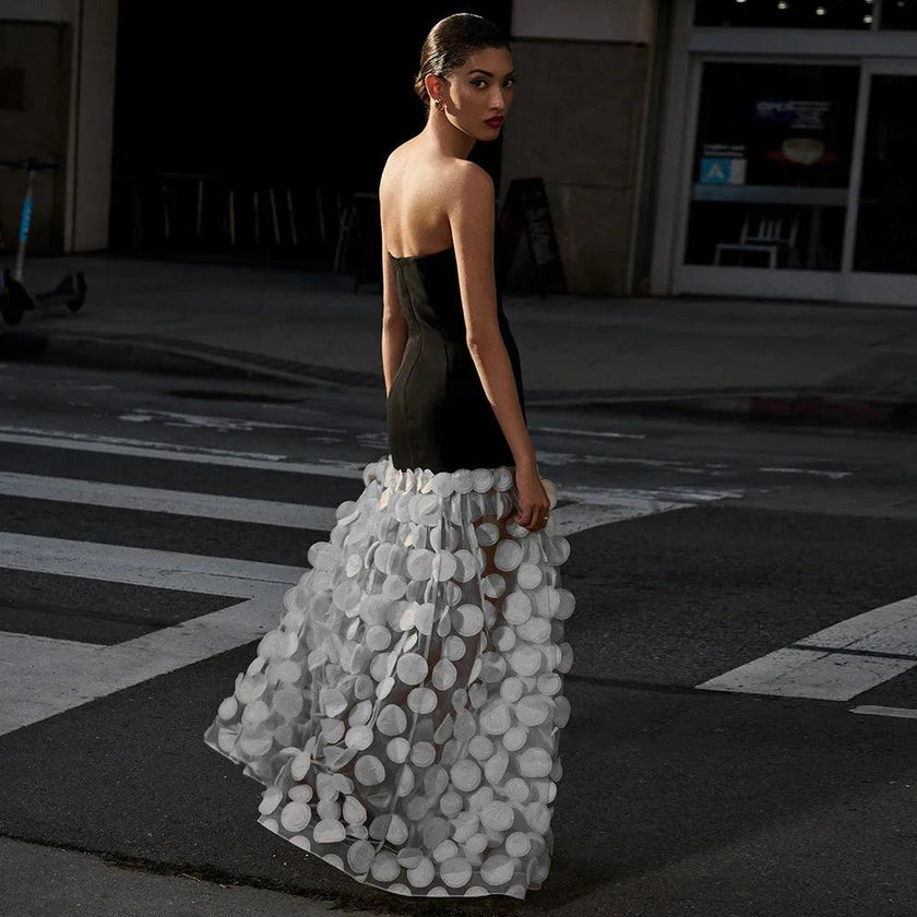 Black And White Tube Top Three-dimensional Flower Pettiskirt Dinner Dress