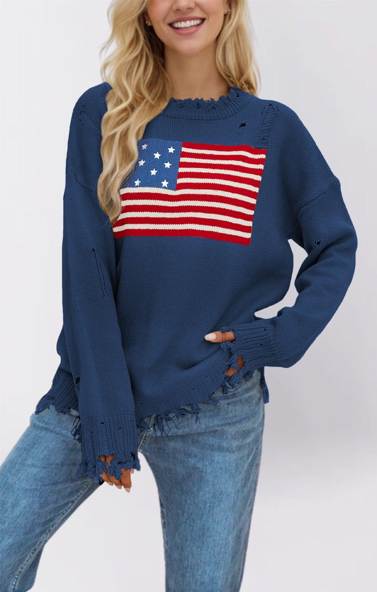 Women's Loose Round Neck Fashion Sweater | National Flag Print Knit Top