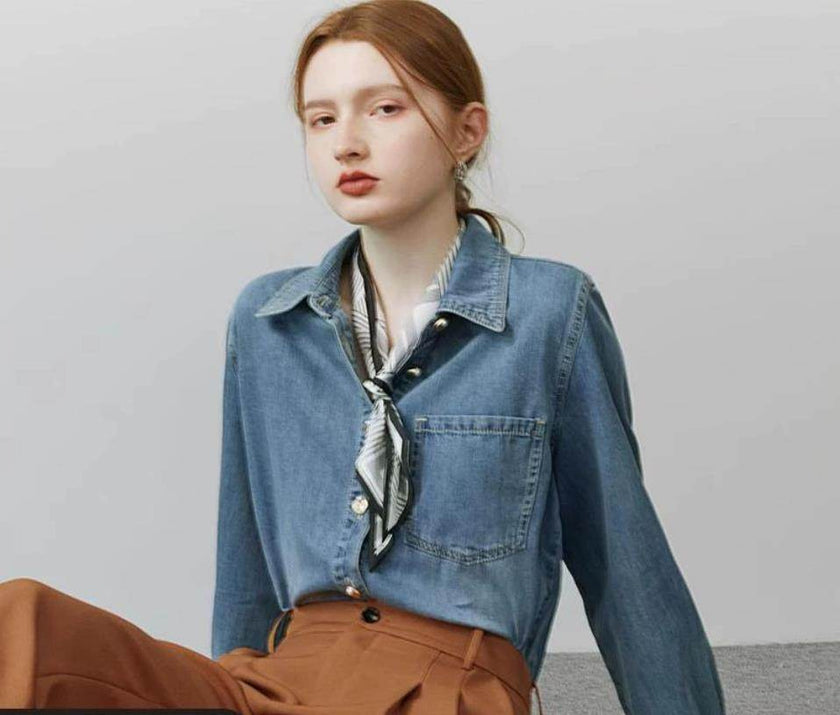 Blue Soft Denim Shirt Jacket Women's Long Sleeve Bandage Denim Dress Top