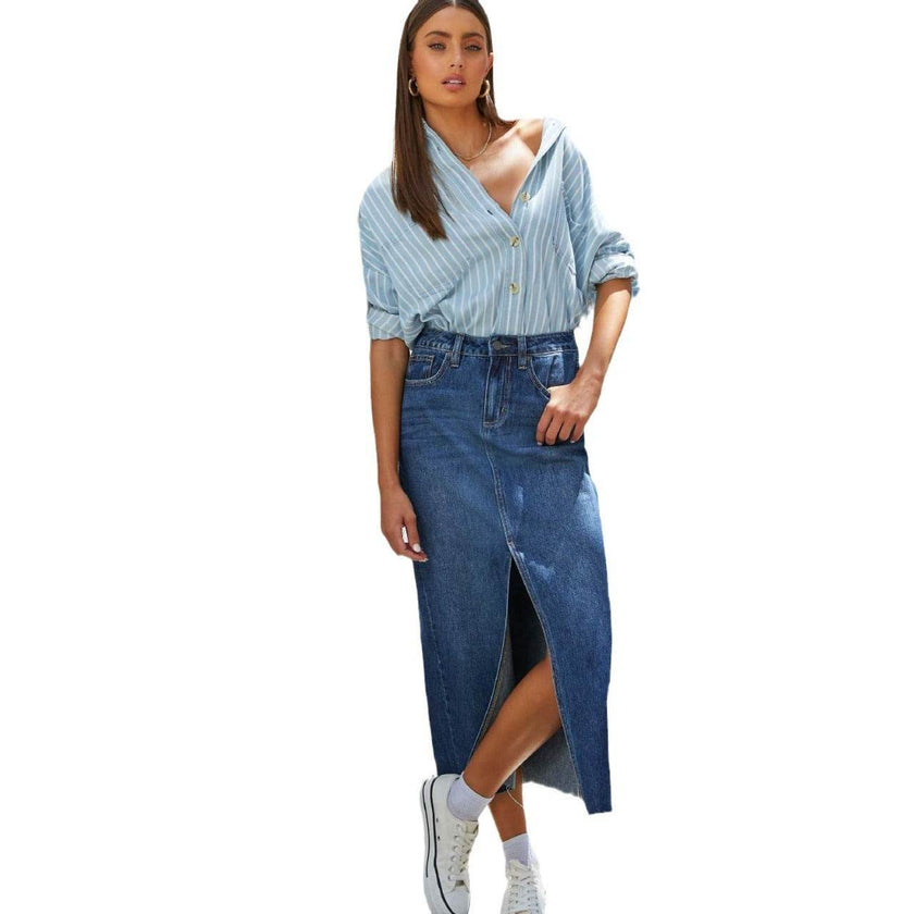 Women's Fashion Slimming front split Midi Denim Skirt