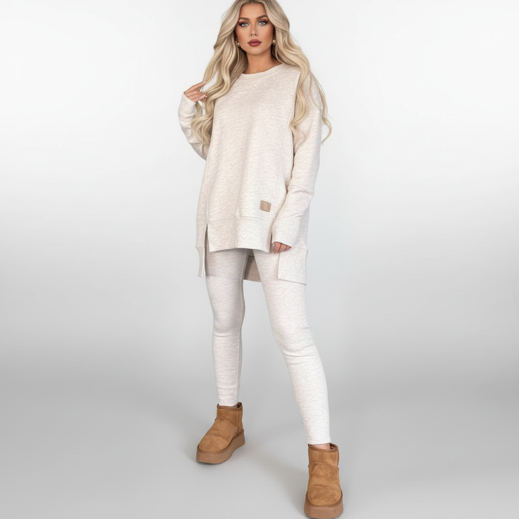 Women's Slit Long Sleeve Top & Trousers Two-Piece Set | White, Black, Army Green, Reddish Brown | S–XXXL