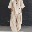 Women's Cotton Linen 2 Piece Outfit V-Neck Top & High-Waist Trousers