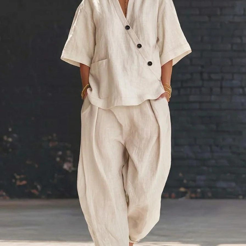 Women's Cotton Linen 2 Piece Outfit V-Neck Top & High-Waist Trousers