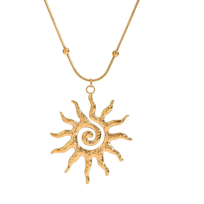 Stainless Steel Necklace - Hammered Spiral Sun Pendant Necklace