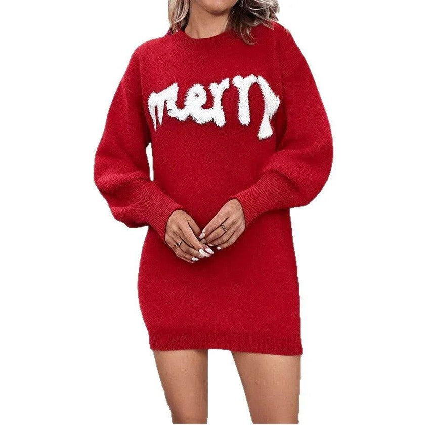 Women's Knitted Round Neck Lantern Sleeve Pullover Sheath Christmas sweater Dress