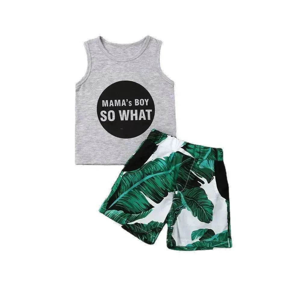 Gray Letters Vest Green Leaf Shorts Suit Casual two piece for boys