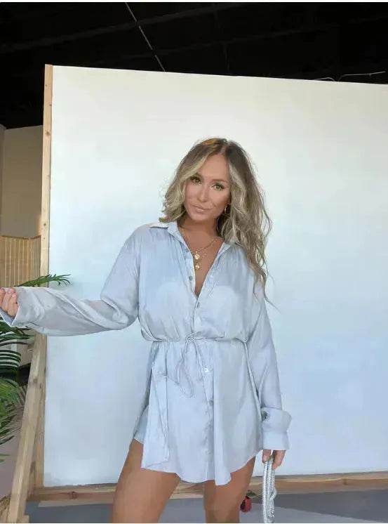 Elegant Women's Long Sleeve  Button down Shirt Dress  Fashionable Short Outfit Set Two piece Suit  Set