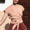 Women's Cotton Linen Lace-Up V-Neck Blouse