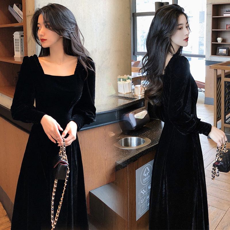 Women's Square Neck Solid Velvet Dress