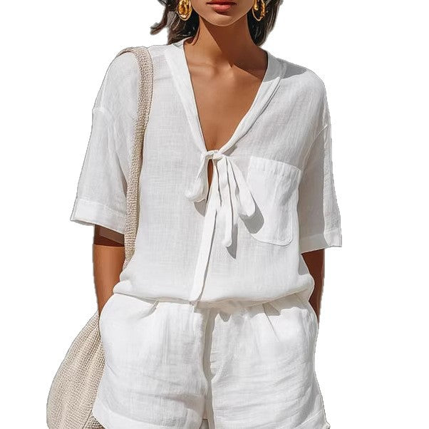 Women's Linen Tie-Front Shirt & Shorts Set – Casual Summer 2-Piece Outfit