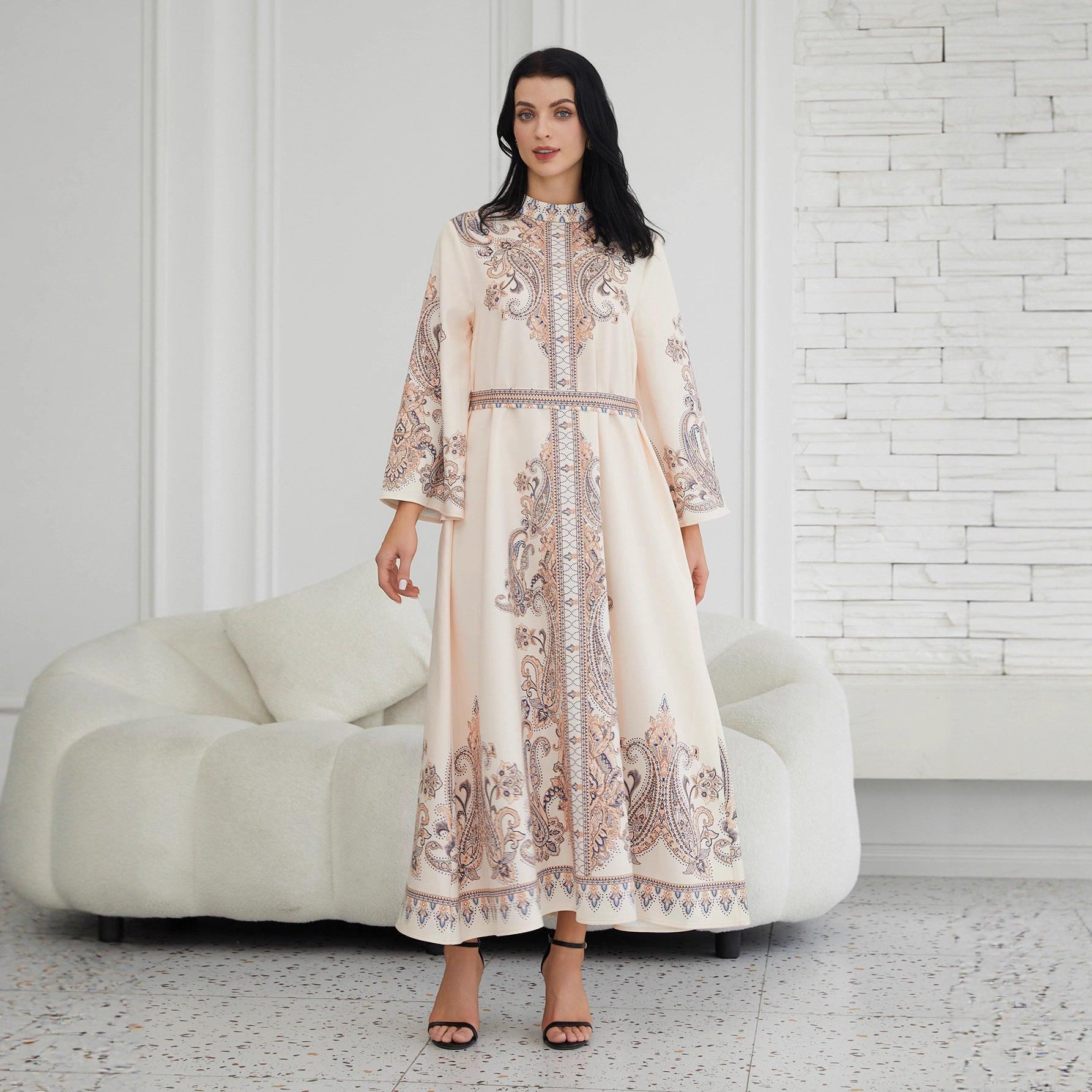 Stand Collar Printing Long Retro Muslim Dress