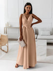V-neck Sleeveless Dress With Belt Summer Fashion.
