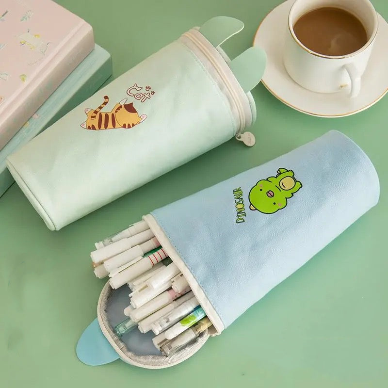 Kawaii Cartoon Canvas Pencil Case – Cute Round Pencil Bag for Kids & Students
