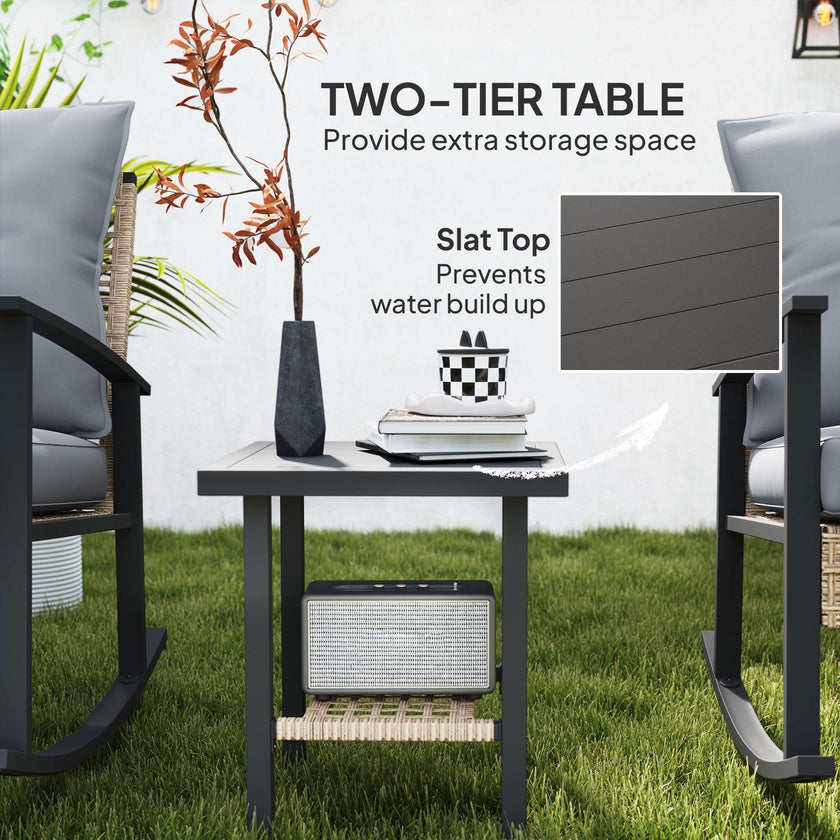 3 Pieces Bistro Set, Patio Wicker Furniture Set With Button Tufted Cushions, Rattan Rocking Chairs, Coffee Table, Gray