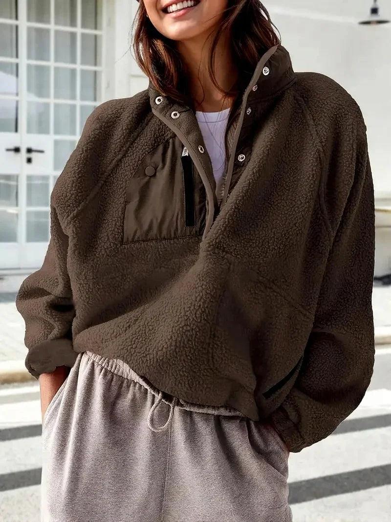 Women's Fashion Sweatshirt Fleece Stand Collar Zipper Pocket Top