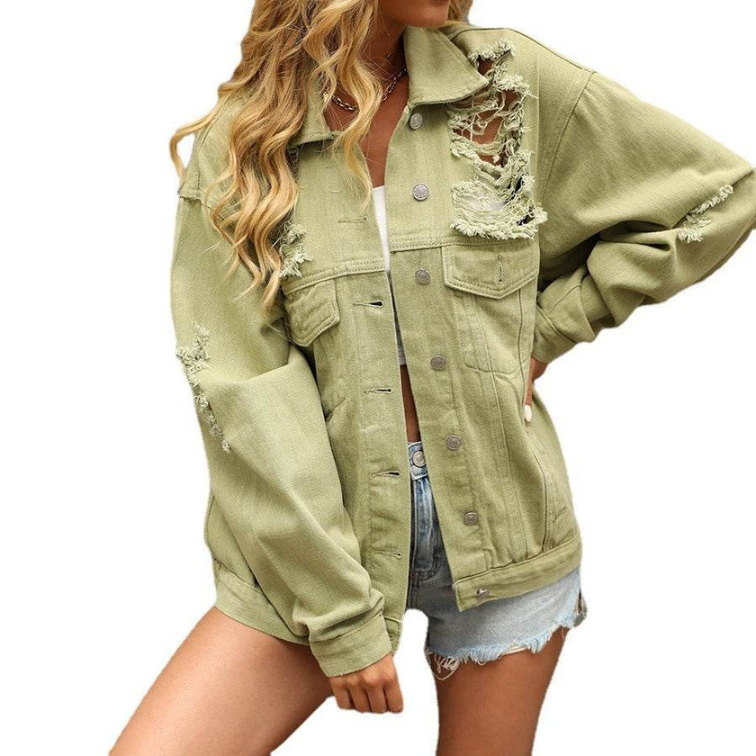 Perforated Coat Pocket Raglan Loose Jacket Women Denim