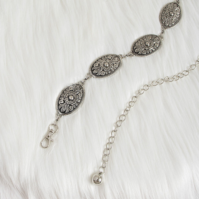 Women's Carved Vintage Metal Waist Chain – Engraved Retro Body Chain Silver Gold