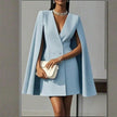 Elegant Cape Blazer Mini Dress For Women, Luxury Double-Breasted V-Neck Formal Dress With Structured Shoulders & Flowing Cape Sleeves.
